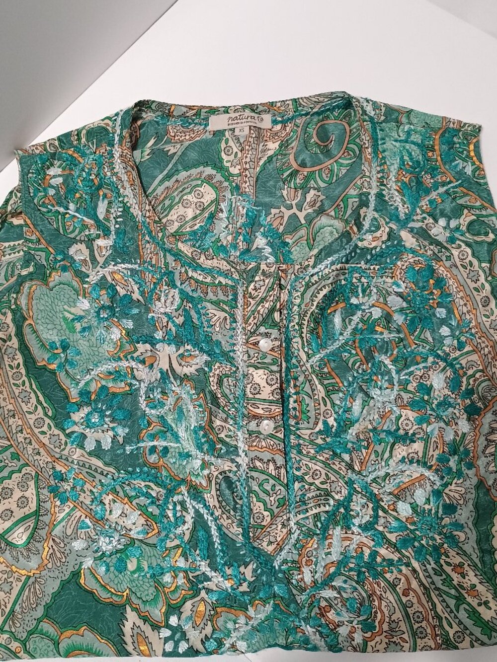 Natura Portugal Teal Paisley Embroidered Boho Sleeveless Blouse XS - Picture 4 of 11